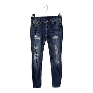 VIGOSS Womens Blue Distressed Skinny Jeans Rhinestone Pocket Detail Size 4